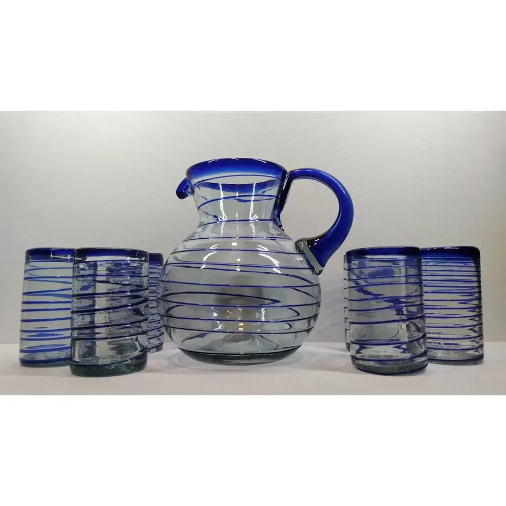 Hand Blown Cobalt & Clear Glass Swirl Pitcher & Glasses 7 Pc Set Made in Mexico